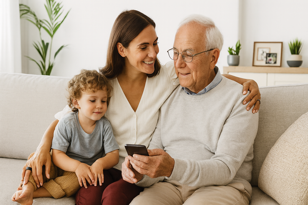 A multigenerational family sits together on a modern sofa in a bright living room. A smiling woman embraces her elderly father while a young child sits close by. The scene is warm and homey, with natural light, indoor plants, and a smart ring visible on one family member’s hand.