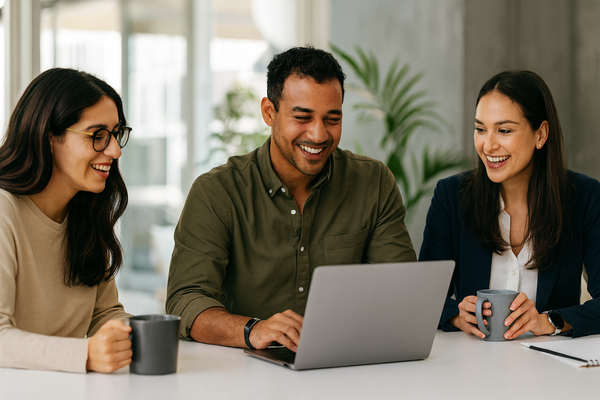 Three coworkers sit together at a modern office table, smiling as they collaborate on a laptop. Natural light fills the space with plants in the background, and one team member wears a smart ring, symbolizing workplace wellness and productivity.